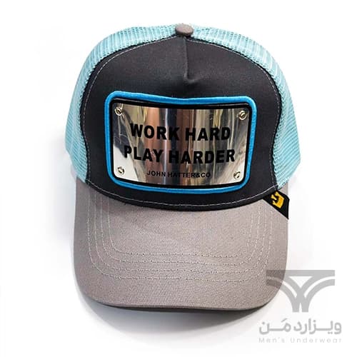 کلاه کپ (لبه دار) جان هتر John Hatter & CO مدل Work Hard Play Harder آبی طوسی پشت توری — تصویر ۲