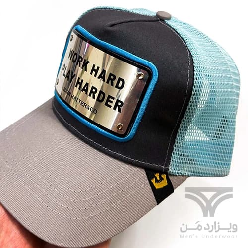 کلاه کپ (لبه دار) جان هتر John Hatter & CO مدل Work Hard Play Harder آبی طوسی پشت توری — تصویر ۴