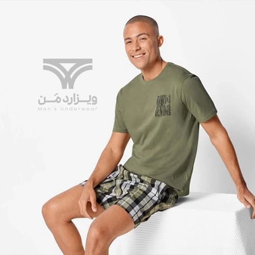 ست مردانه تیشرت و شلوارک راحتی لیورجی Livergy آلمان طرح زیتونی و چهارخونه — تصویر ۲