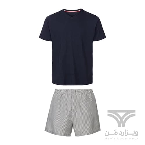 ست مردانه تیشرت و شلوارک راحتی لیورجی Livergy آلمان طرح سرمه ای راه راه سفید