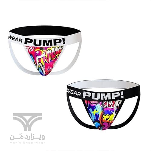 شورت مردانه جاک استرپ Jockstrap اورجینال برند پامپ Pump فانتزی پشت باز 2 بند طرح گرافیتی Graffiti