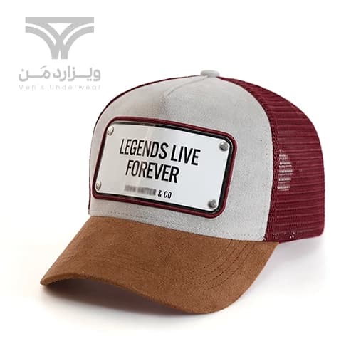 کلاه کپ (لبه دار) جان هتر John Hatter & CO مدل Legends live forever زرشکی کرم مخمل کبریتی پشت توری