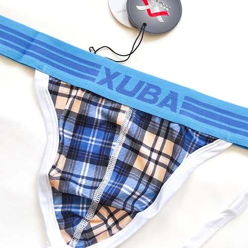 شورت مردانه فانتزی پشت باز 2 بند جاک استرپ XUBA چهارخونه آبی — تصویر ۲