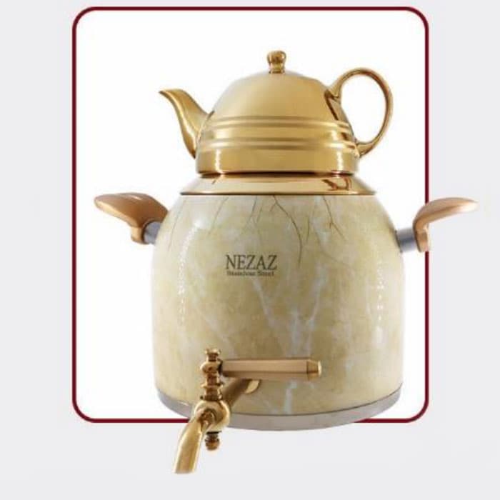 کتری و قوری 5 لیتر نزاز NEZAZ طرح ترک نسکافه ای طلایی طرح سنگ کد 3024