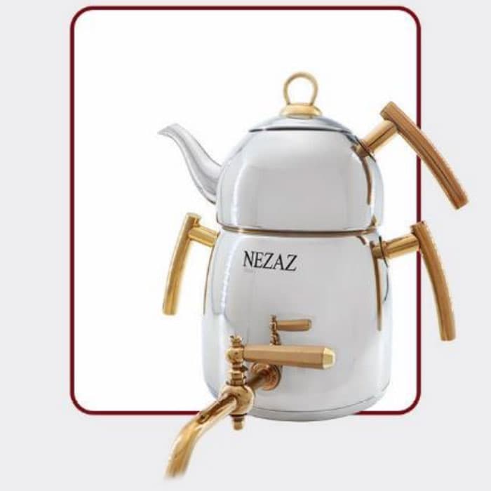 کتری و قوری هرمی 3 لیتر نزاز NEZAZ استیل براق دسته استیل طلایی قوری استیل کد 2705