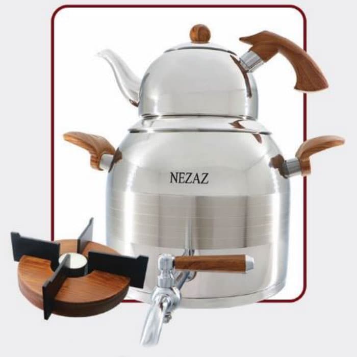 کتری و قوری 5 لیتر نزاز NEZAZ طرح ترک دسته چوبی قوری استیل وارمردار کد 2608