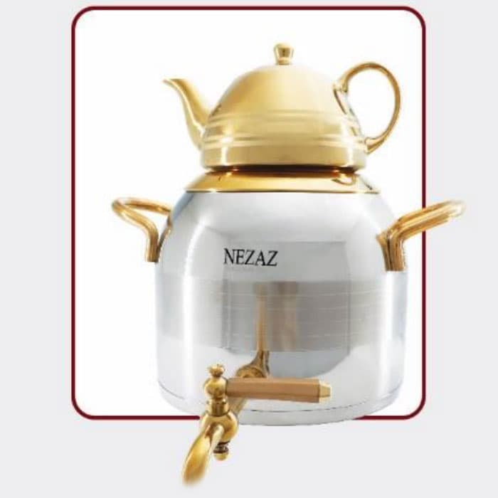 کتری و قوری 5 لیتر نزاز NEZAZ طرح ترک استیل طلایی دسته طلا کد 2601