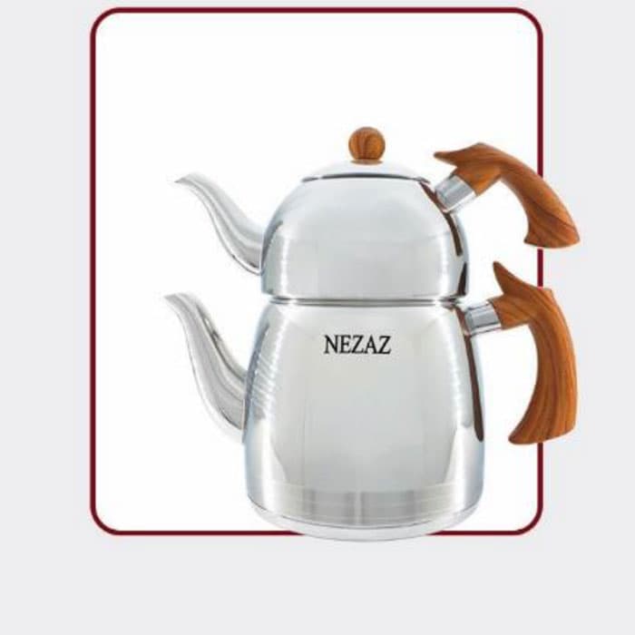 کتری و قوری 2/5 لیتر نزاز NEZAZ هرمی طرح چوب تمام استیل کد 2308