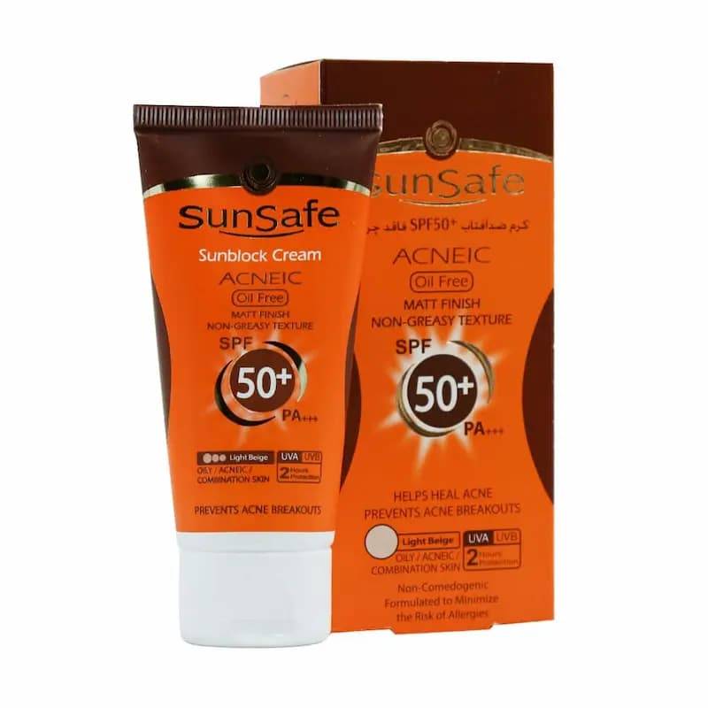 کرم ضد آفتاب SPF50 فاقد چربی سان سیف پوست چرب بژ روشن
