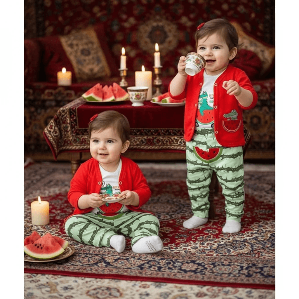 ست لباس یلدایی سه تیکه طرح تمساح و هندونه چرخدار
