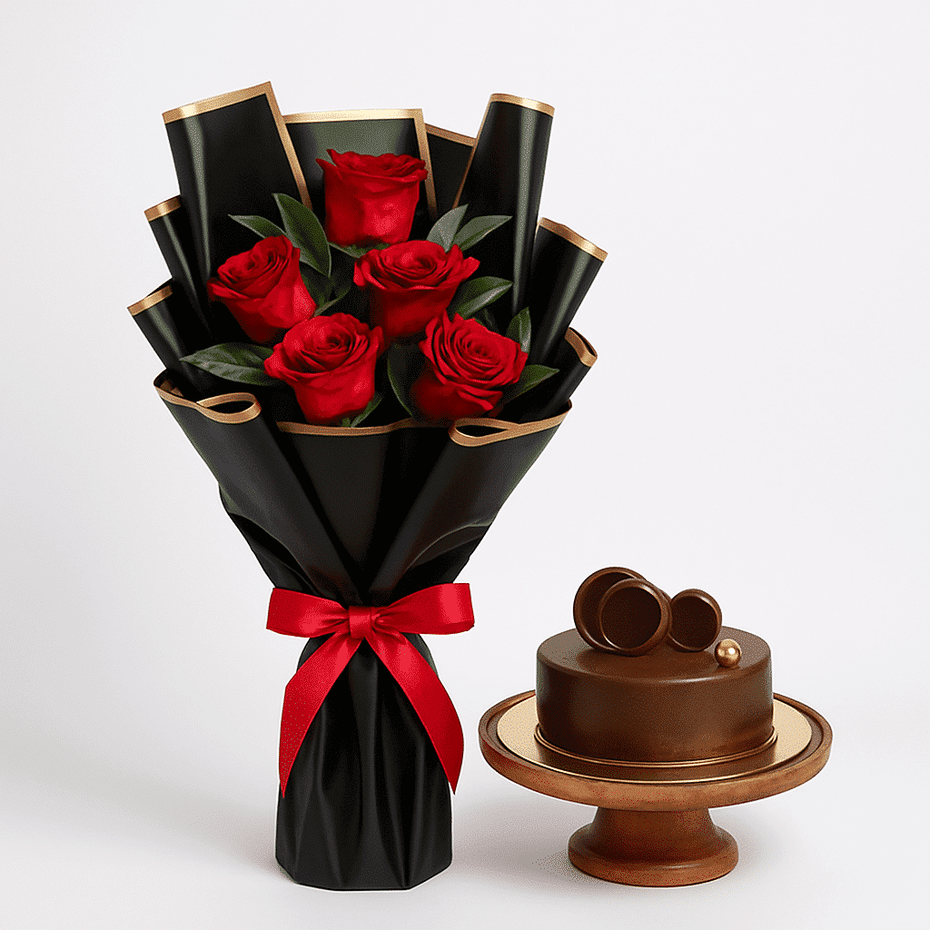 دسته گل رز زیبا با کیک فاج شکلاتی کد24 (امارات)