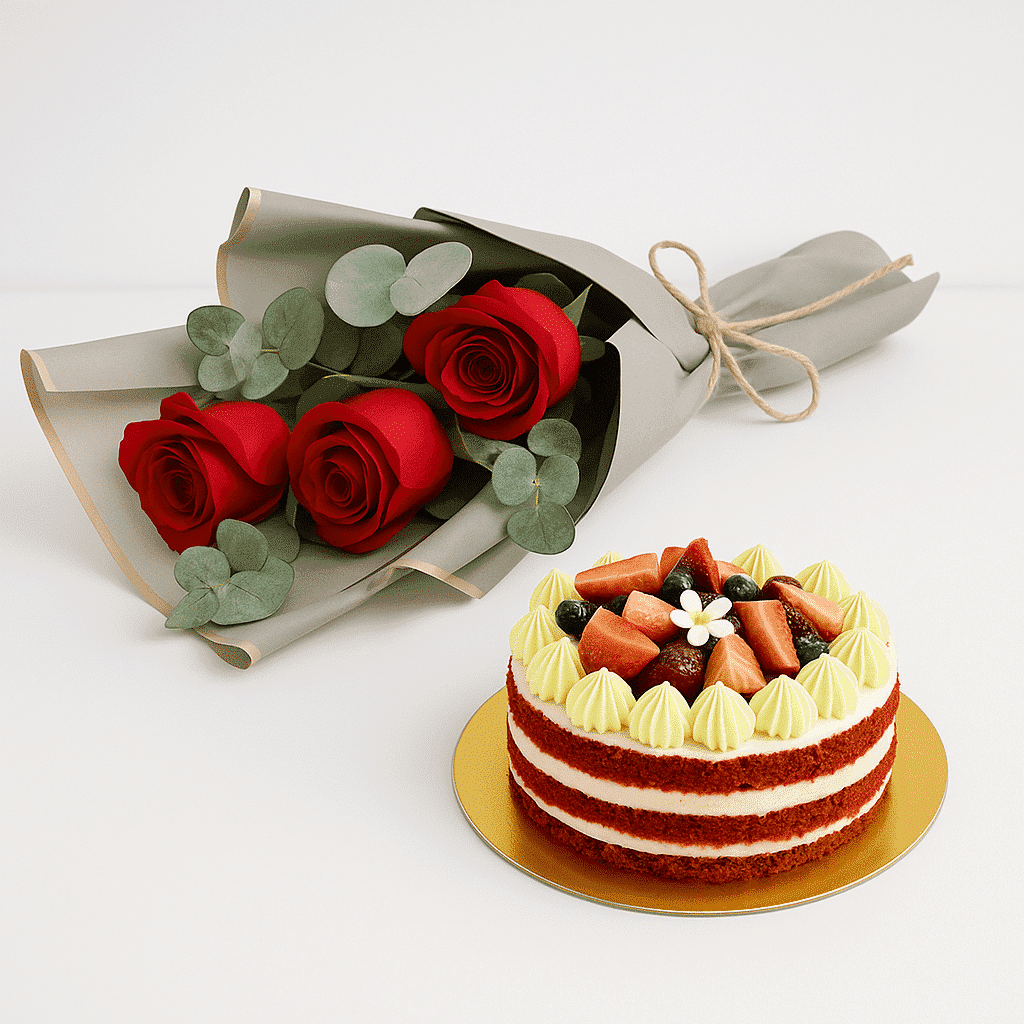 کیک مخملی قرمز و گل رز قرمز تازه کد13 (امارات)