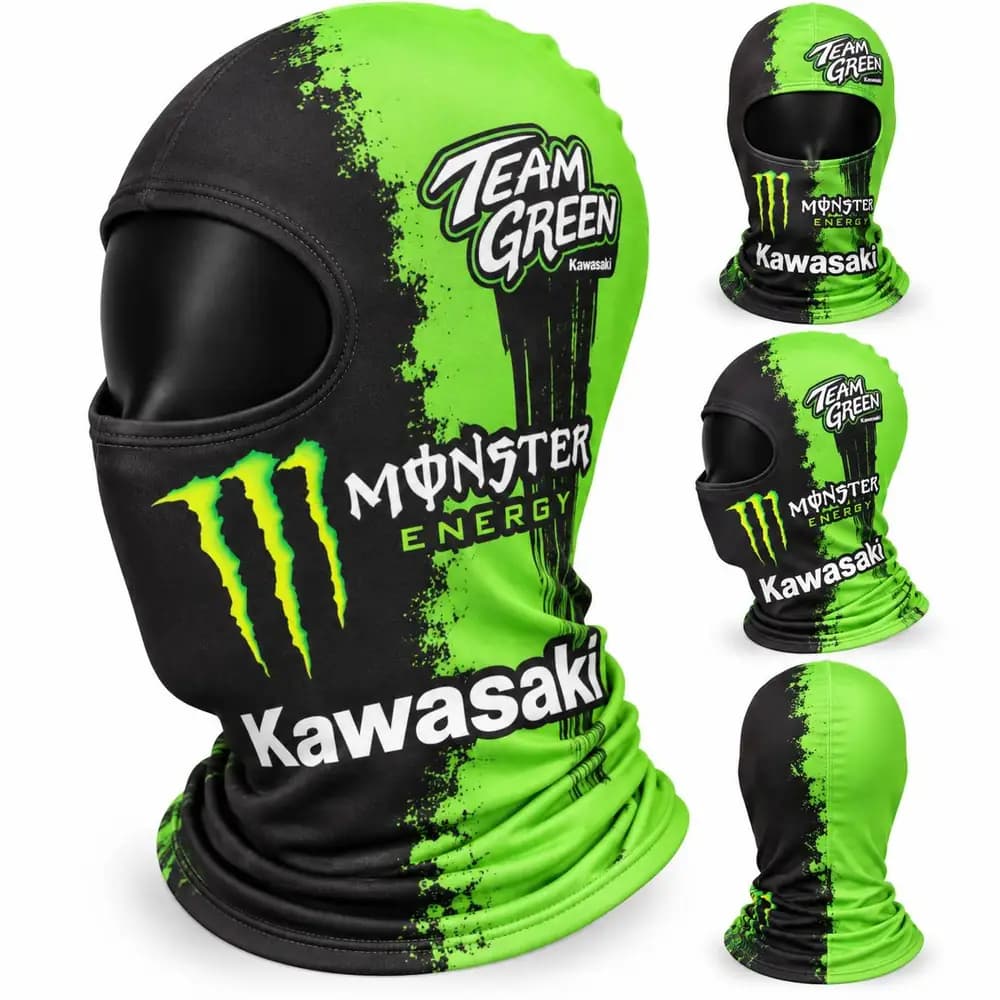 فیس زیر کلاهی چاپی موتورسواری | تنفس‌پذیر، فری‌سایز و اسپرت – KAWASAKI رنگ مشکی سبز — تصویر ۲
