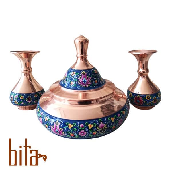 سرویس بشقاب پرنده و گلدان مس و پرداز