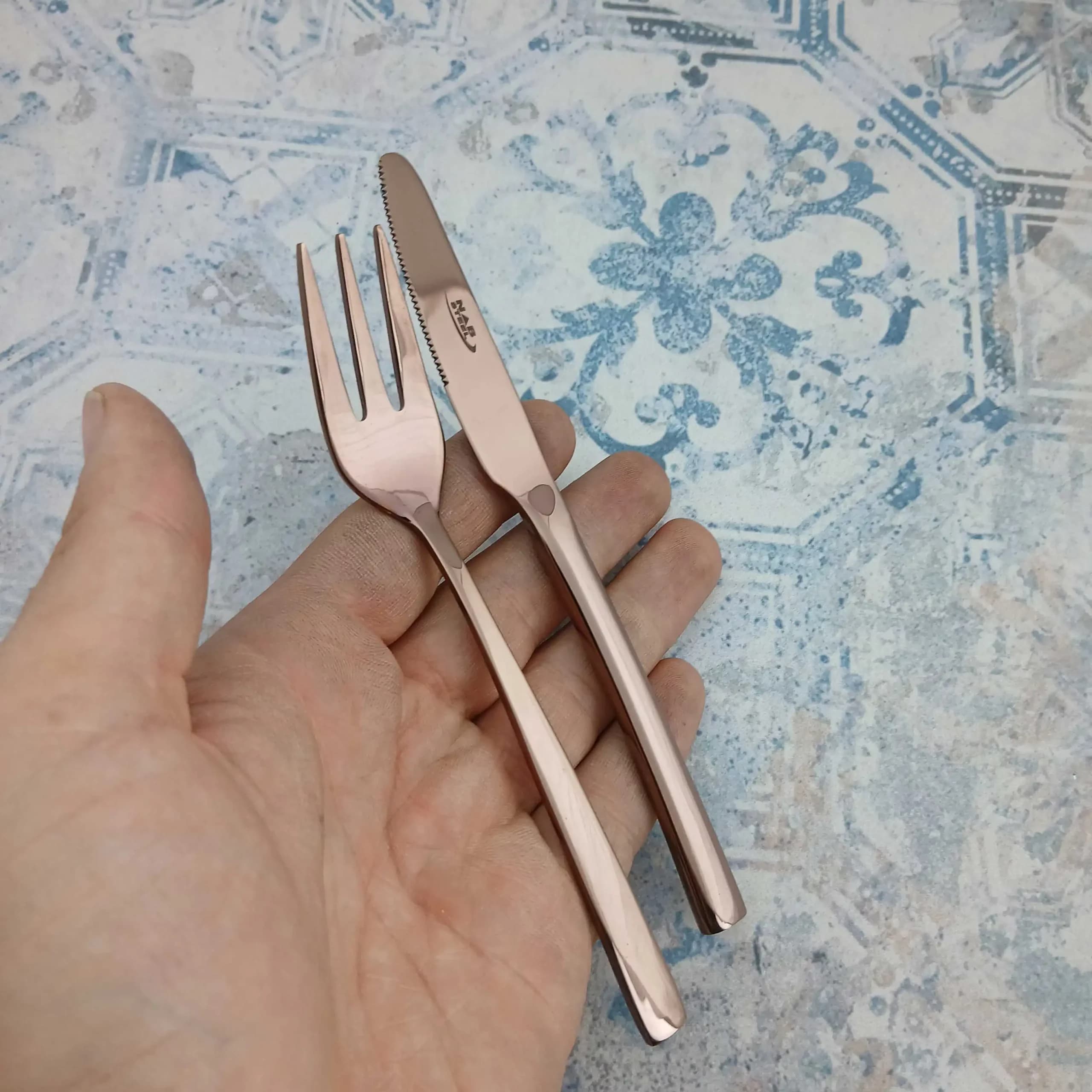 کارد و چنگال میوه خوری 12 پارچه ناب استیل مدل فلورانس رزگلد — تصویر ۷