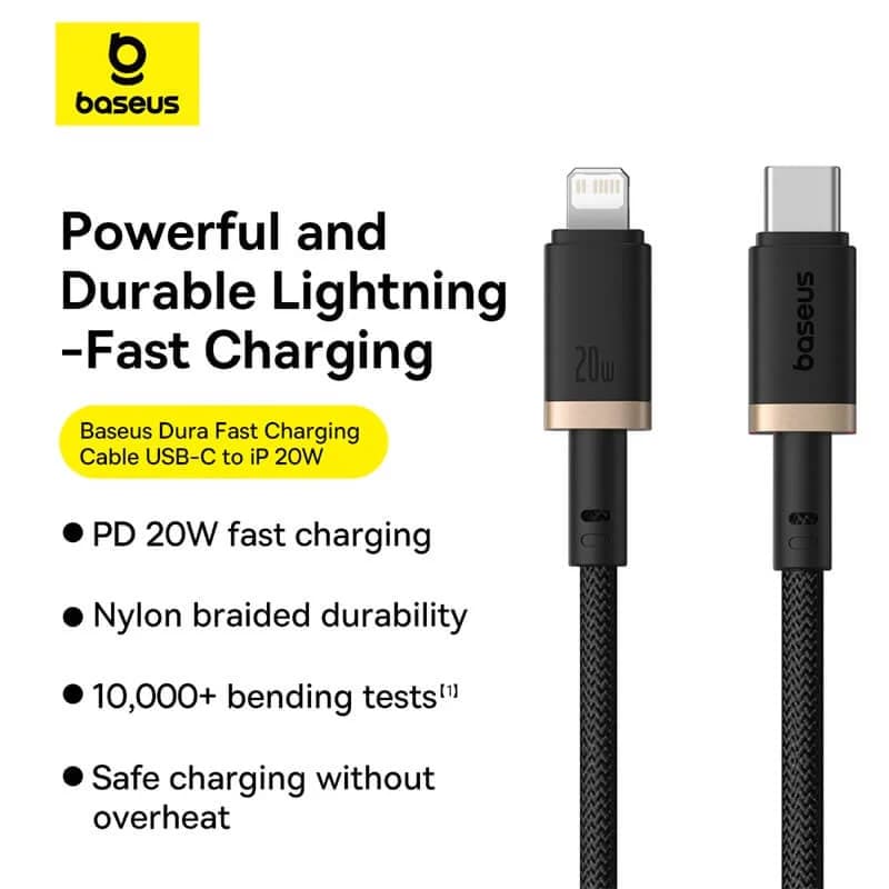 کابل لایتنینگ باسئوس مدل USB-C Dura 20W 1m Gold — تصویر ۳