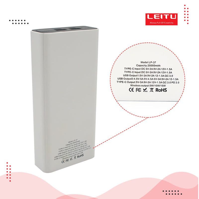 پاوربانک لیتو (LEITU) 20000 میلی آمپر ساعت مدل LP-37 وایرلس، توان 22.5 وات — تصویر ۳