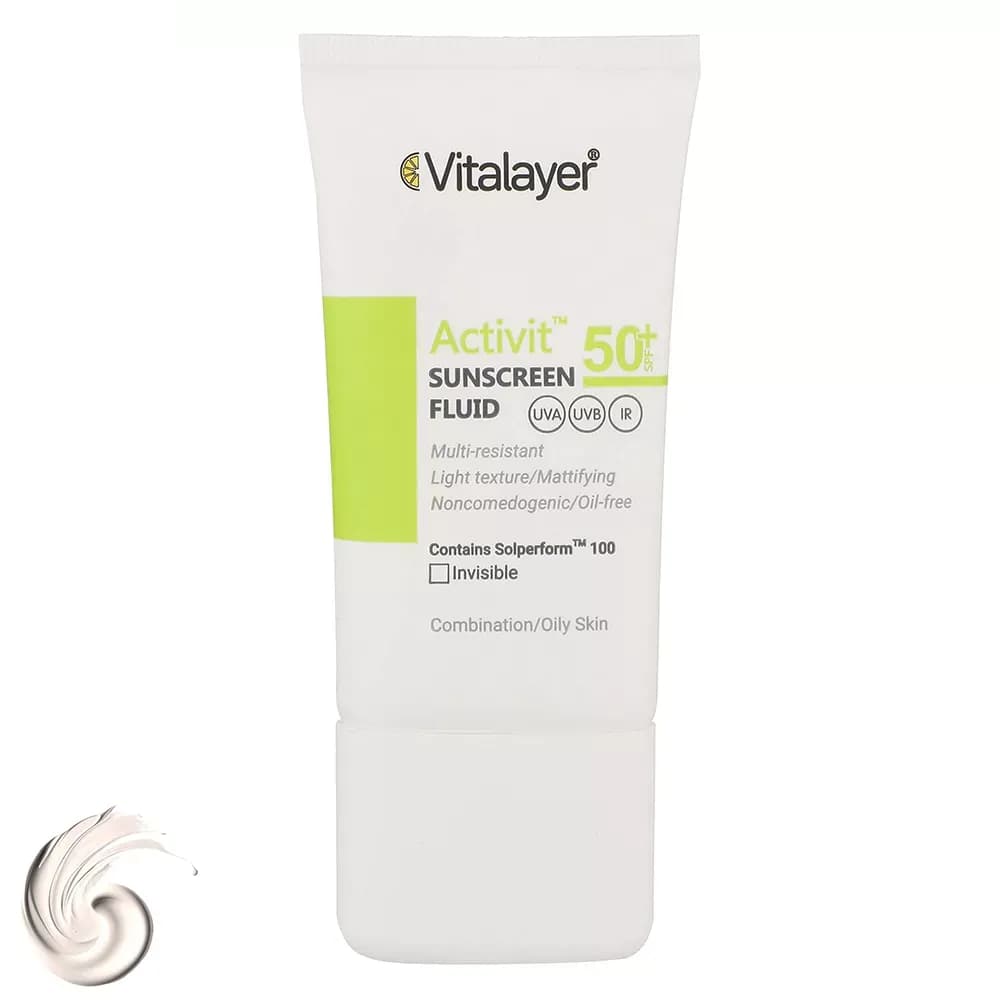 فلوئید ضدآفتاب بی‌رنگ ویتالیر SPF50 مدل Activit مناسب پوست‌ چرب حجم 50 میلی‌لیتر