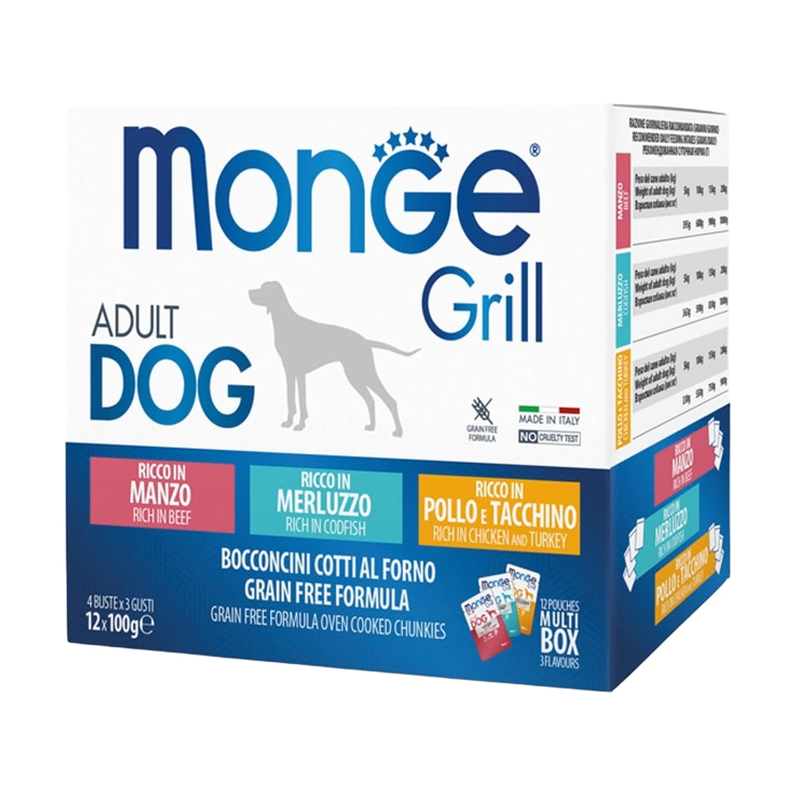 پوچ مولتی پک سگ مونژه Monge Grill با طعم مرغ و گاو و ماهی 12 عددی