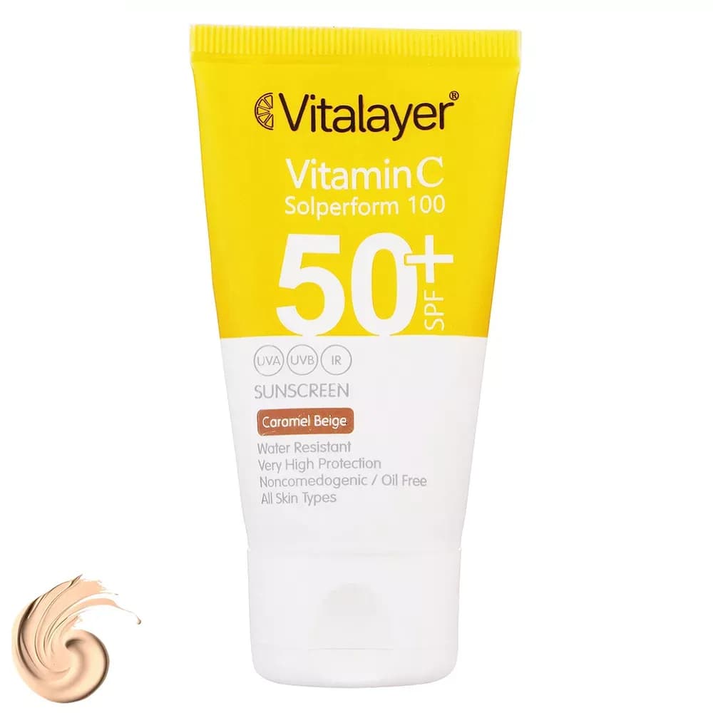 کرم ضد آفتاب رنگی ویتالیر SPF50 دارای ویتامین C مدل Caramel Begie حجم 40 میلی‌لیتر