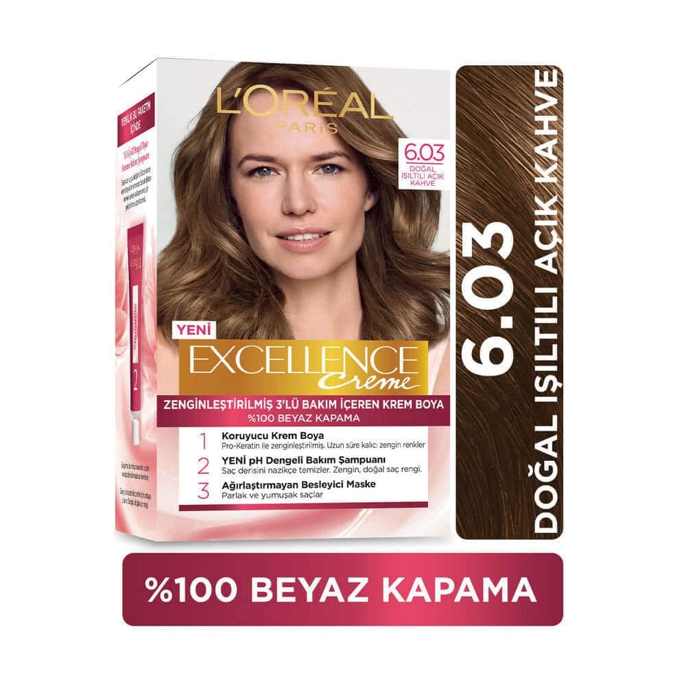 کیت رنگ مو لورآل قهوه ای روشن سری Excellence شماره 6.03 — تصویر ۴