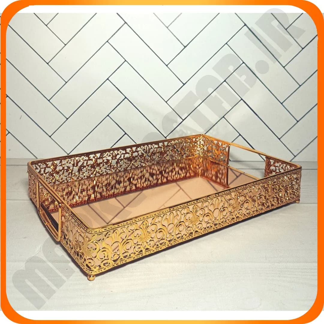 سینی مستطیل شیک پسند آینه طلایی نیلوفر خاتم