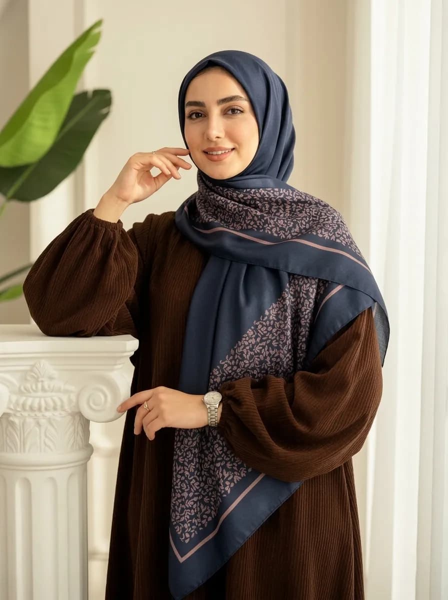 روسری سوپر نخ زنانه طرح گل‌برگ رنگ سورمه ای