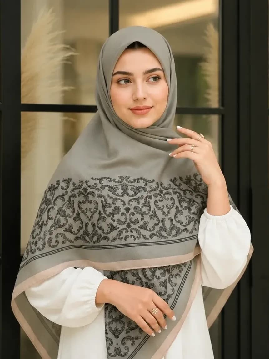 روسری سوپر نخ زنانه طرح خاتون ریز، رنگ خاکی