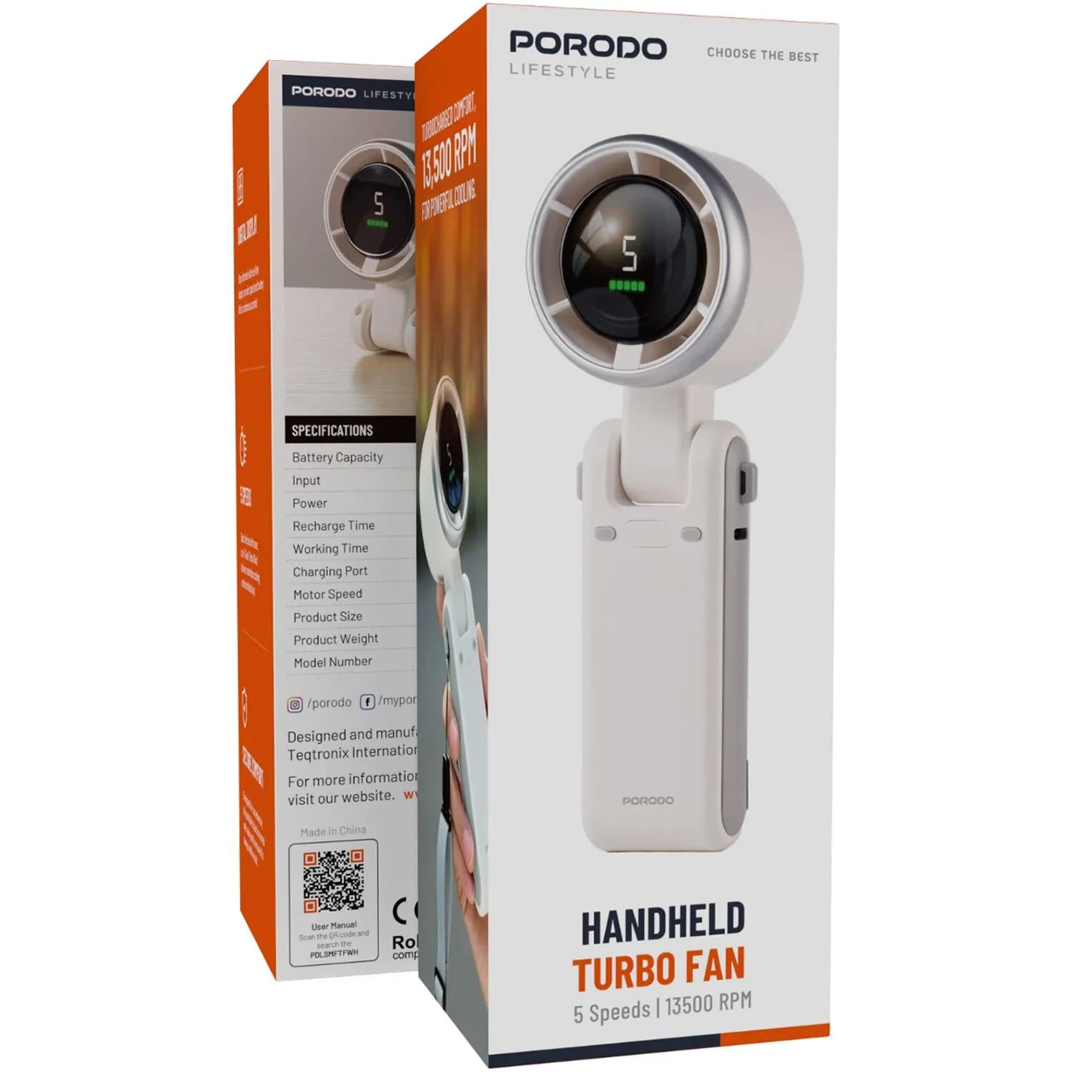 پنکه دستی و رومیزی توربویی شارژی پورودو Porodo 180° Foldable Handheld Turbo Fan PD-LSMFTF-WH — تصویر ۴