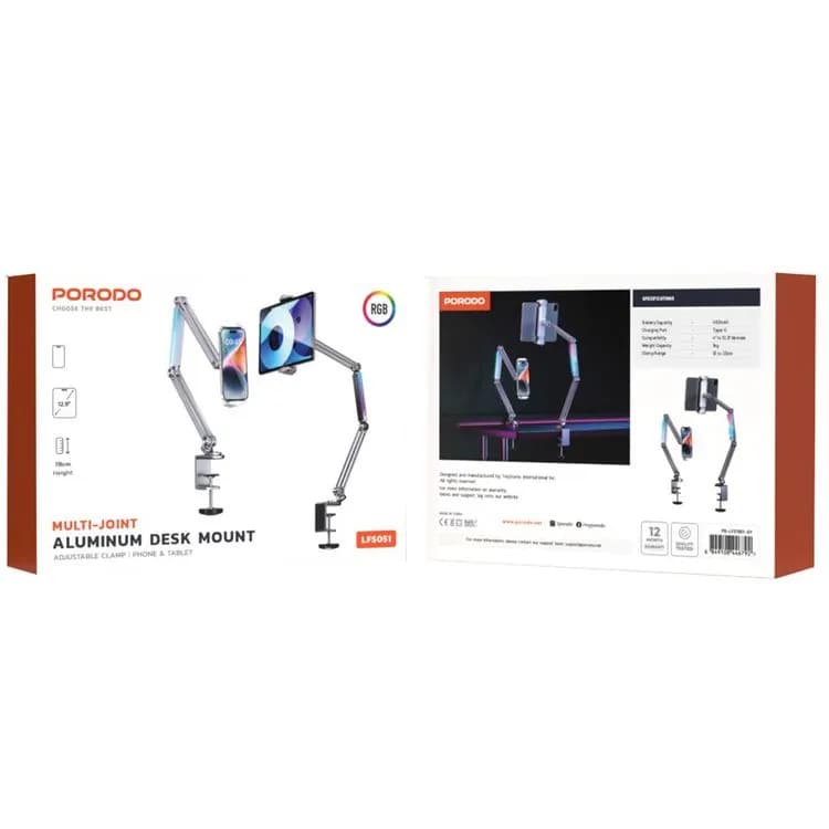 پایه نگهدارنده موبایل و تبلت پرودو مدل PD-LFST051 با بازوی متحرک و نور RGB | Porodo PD-LFST051 Multi-Joint Desk Mount — تصویر ۴