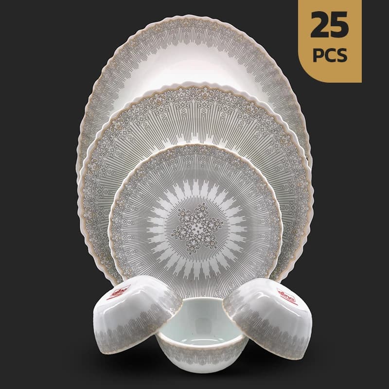 سرویس 25 پارچه اپال طرح 28003-کرم-خاکستری