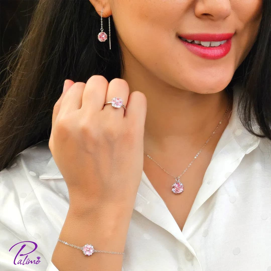 سرویس نقره کامل جواهر صورتی کد S2087 با روکش طلای سفید — تصویر ۲
