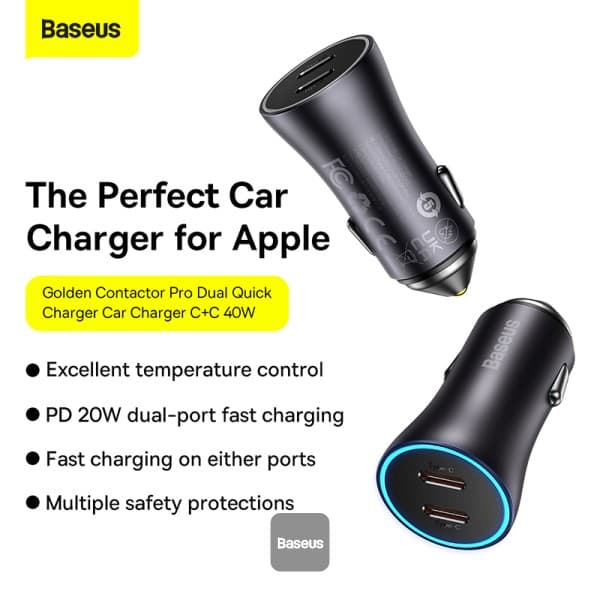شارژر فندکی دو پورت 60 وات بیسوس BASEUS Golden Contactor Max Dual Fast Charger Car Charger U+C 60W Dark Gray — تصویر ۴