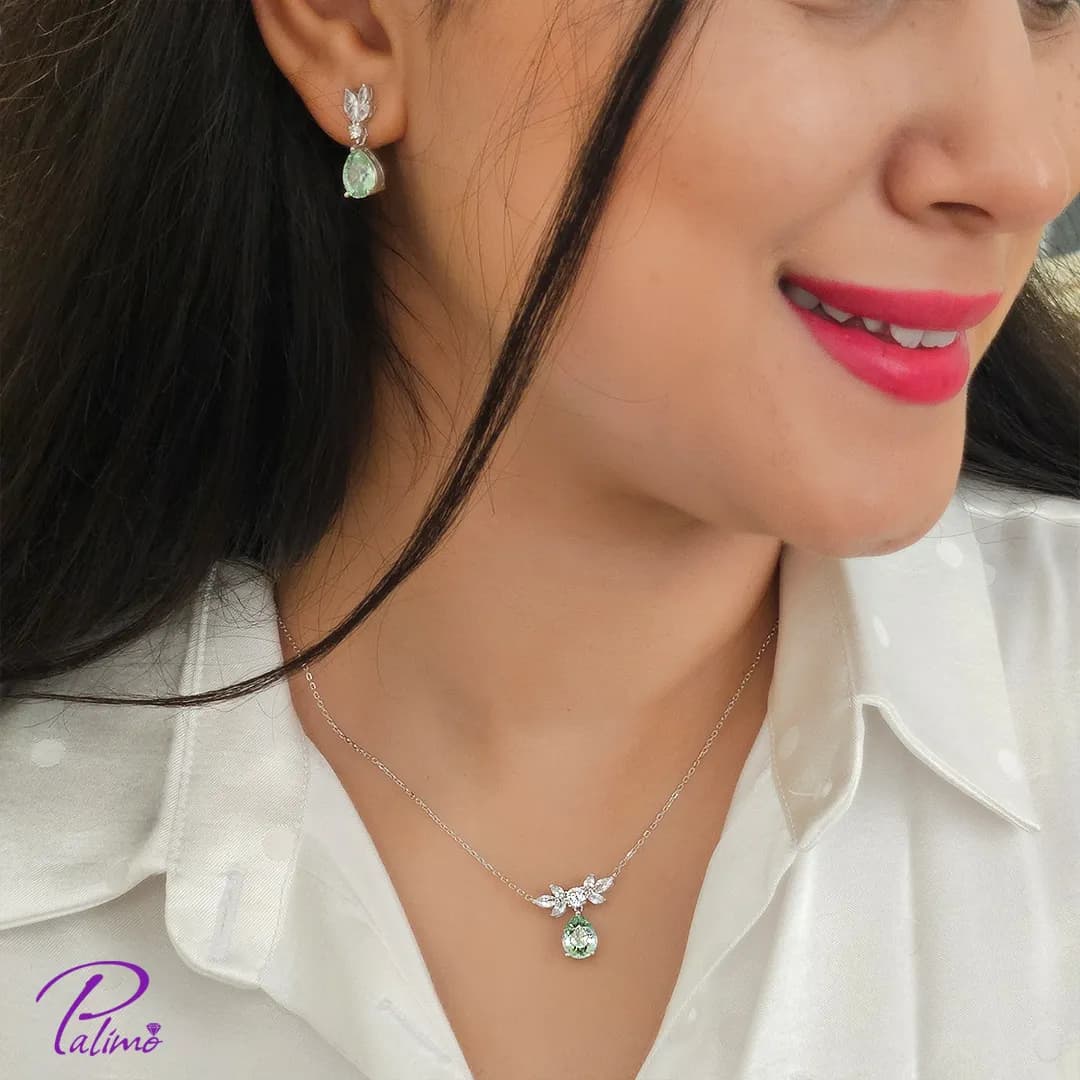نیم ست نقره جواهری سبز کد H2146 با روکش طلای سفید — تصویر ۵