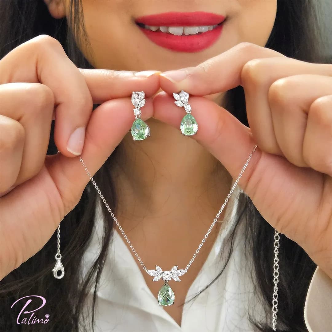 نیم ست نقره جواهری سبز کد H2146 با روکش طلای سفید — تصویر ۲