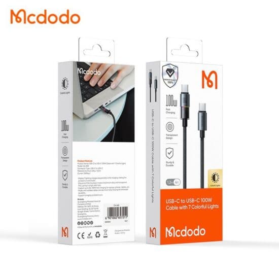 کابل شارژ سریع تایپ سی به تایپ سی 100 وات 5 آمپر مک دودو مدل MCDODO CA-8200 طول 1.2متر — تصویر ۴