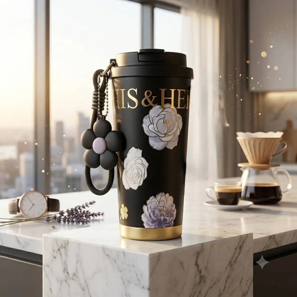 تراول‌ماگ گل‌دار سه‌رنگ ۵۲۰ میل مدل فانتزی Floral Charm با آویز گل کد 153 — تصویر ۶