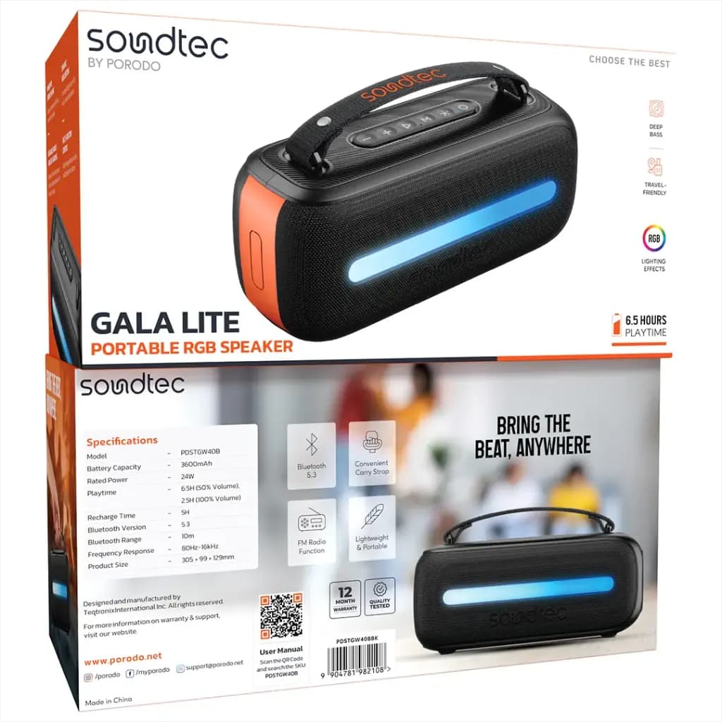 اسپیکر بلوتوثی قابل حمل با نورپردازی RGB پرودو مدل Porodo Soundtec Gala Lite PDSTGW40BBK — تصویر ۲