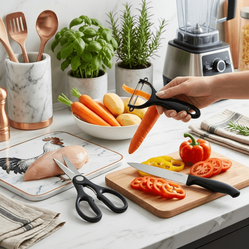 سرویس چاقو آشپزخانه 3 پارچه DI EO پوست‌کن قیچی و چاقوی کاربردی کد 98 — تصویر ۲