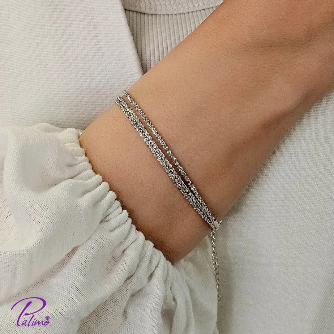 دستبند نقره سه لاین خاویاری B2190 با روکش طلای سفید — تصویر ۲