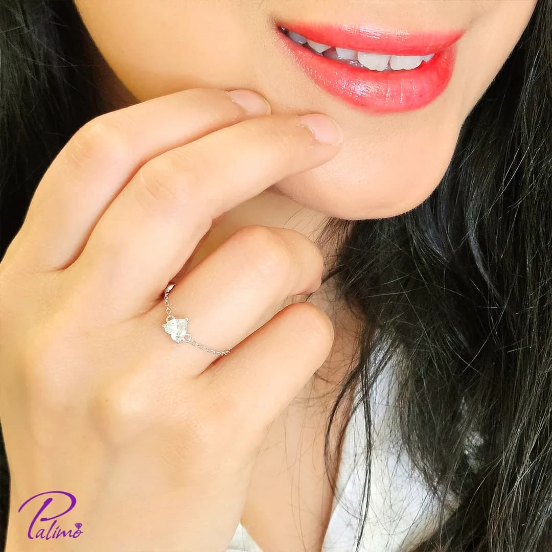 انگشتر نقره زنجیری قلبی R2133 با روکش طلای سفید — تصویر ۲