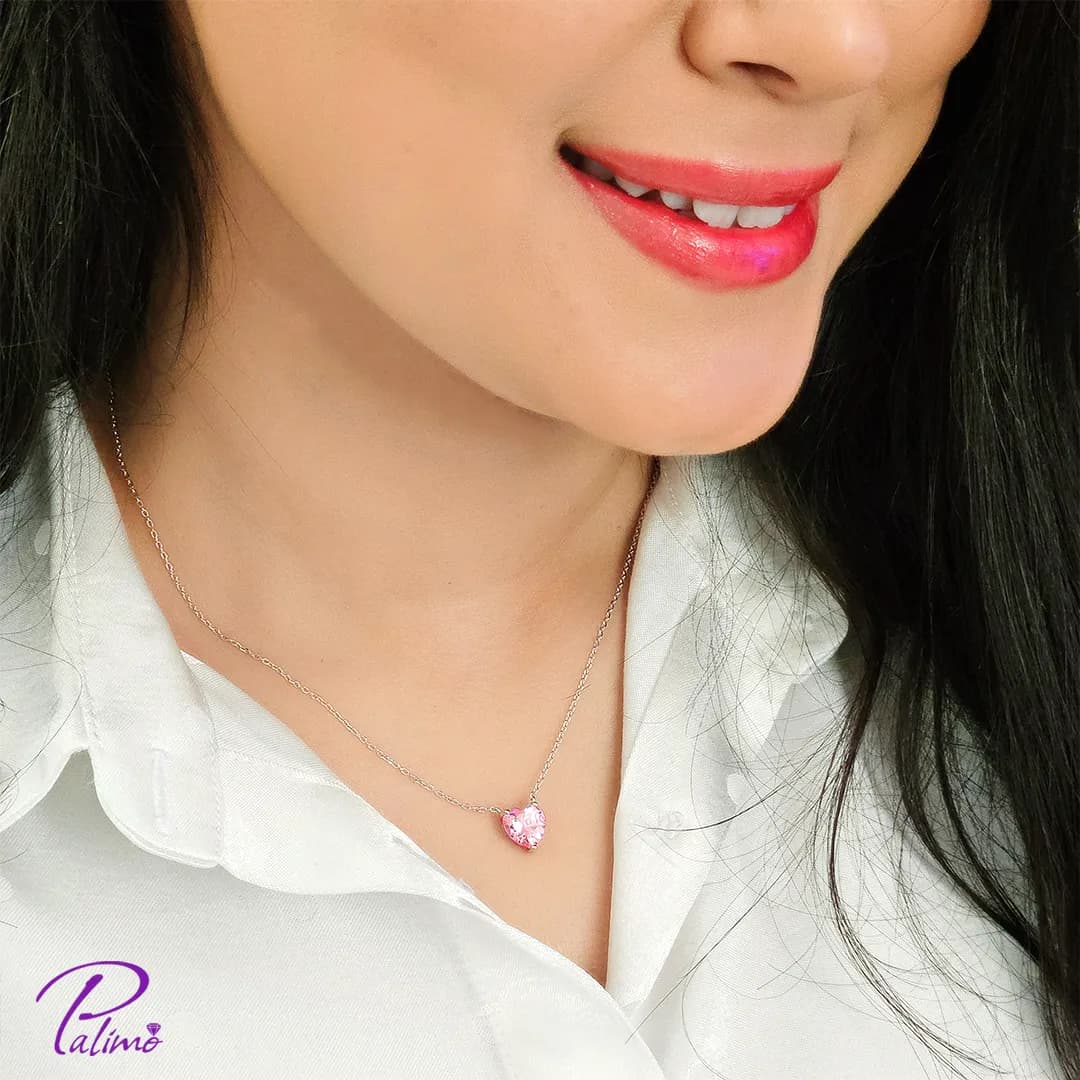 گردنبند نقره قلب صورتی N2201 با روکش طلای سفید — تصویر ۲