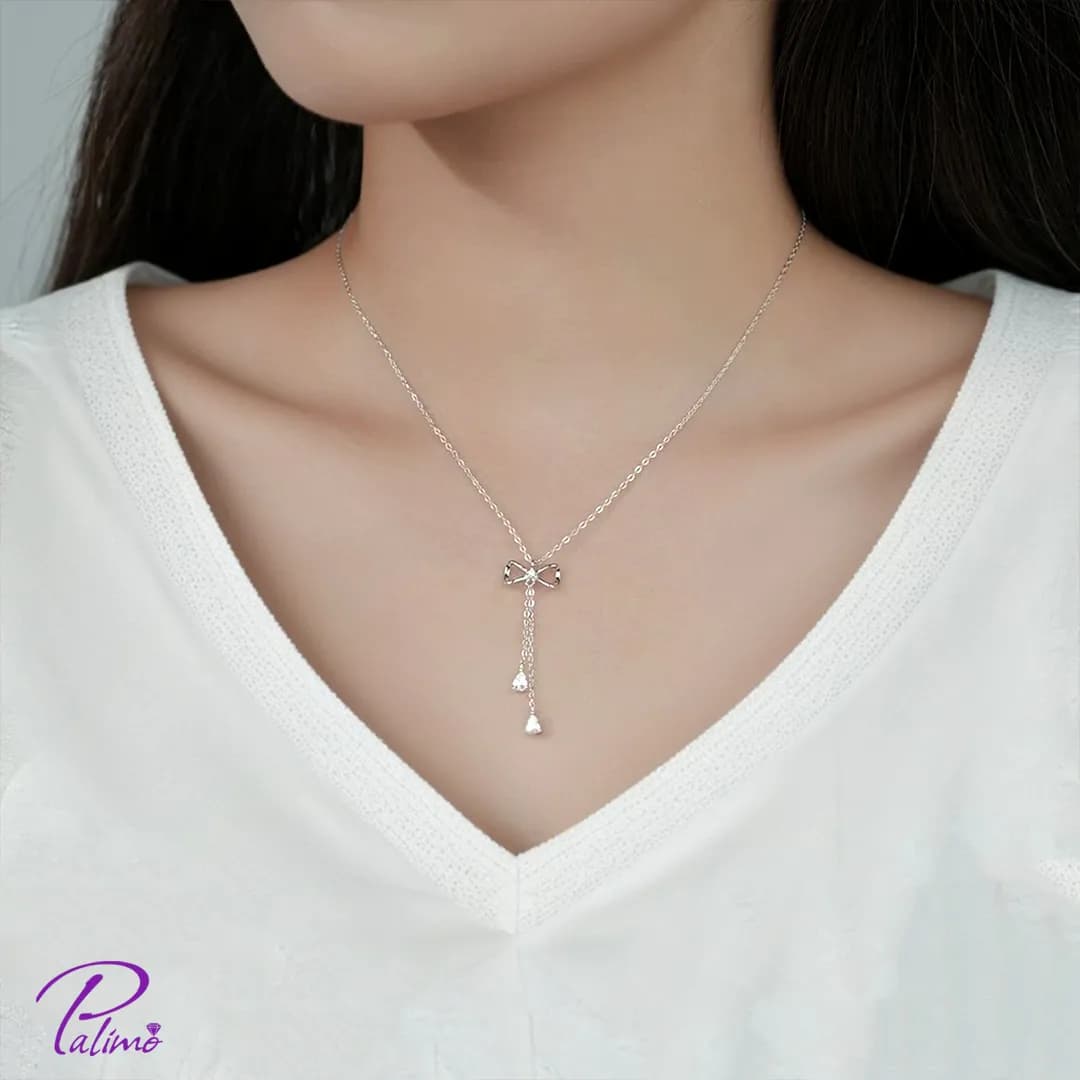 گردنبند نقره پاپیون آویز N2200 با روکش طلای سفید — تصویر ۴