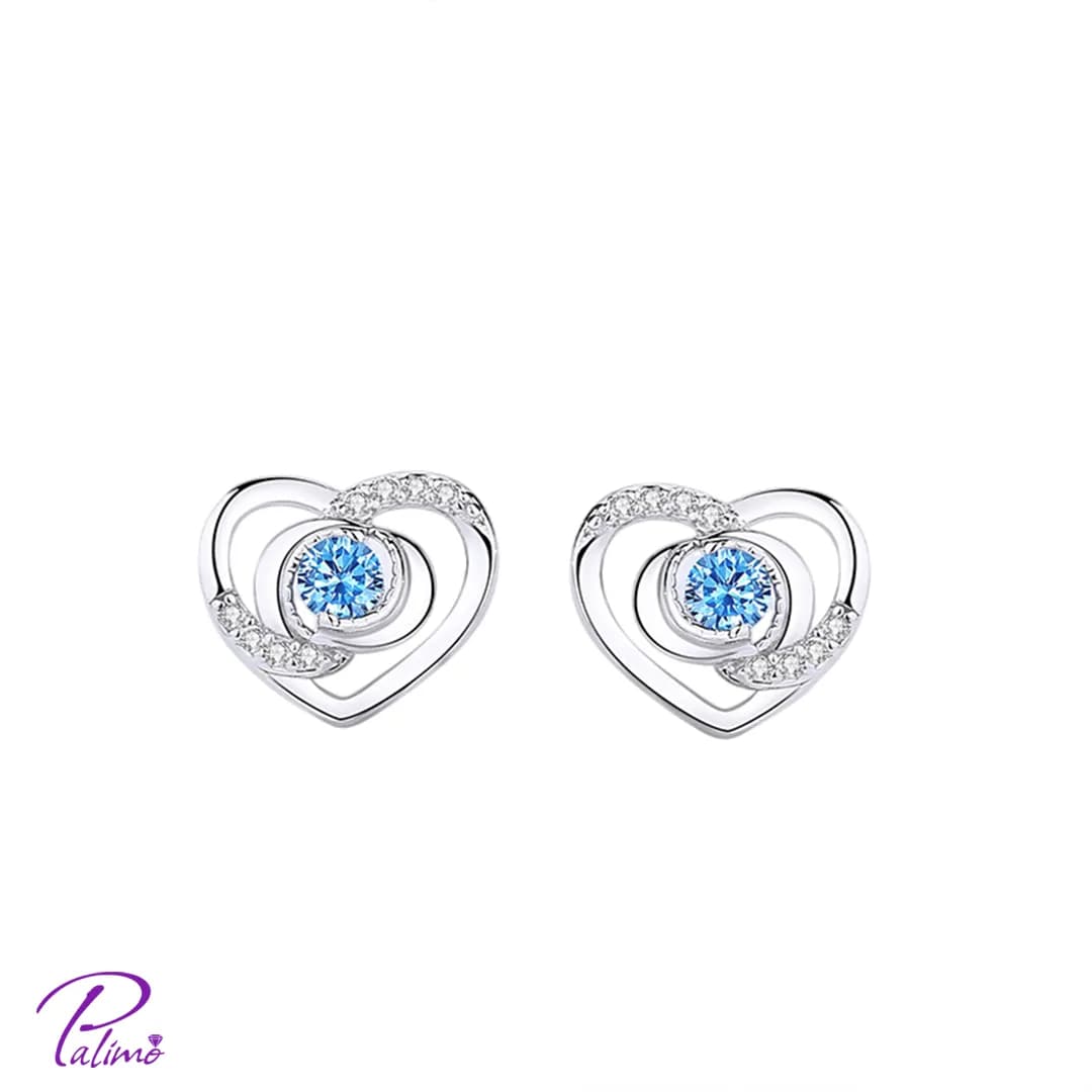 گوشواره نقره قلب نگین آبی E2125 با روکش طلای سفید