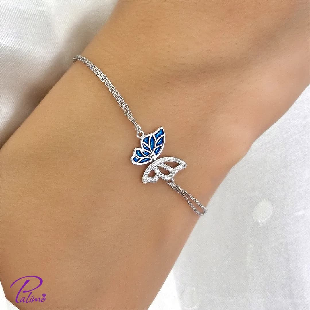 دستبند نقره پروانه آبی B2166 با روکش طلای سفید — تصویر ۲