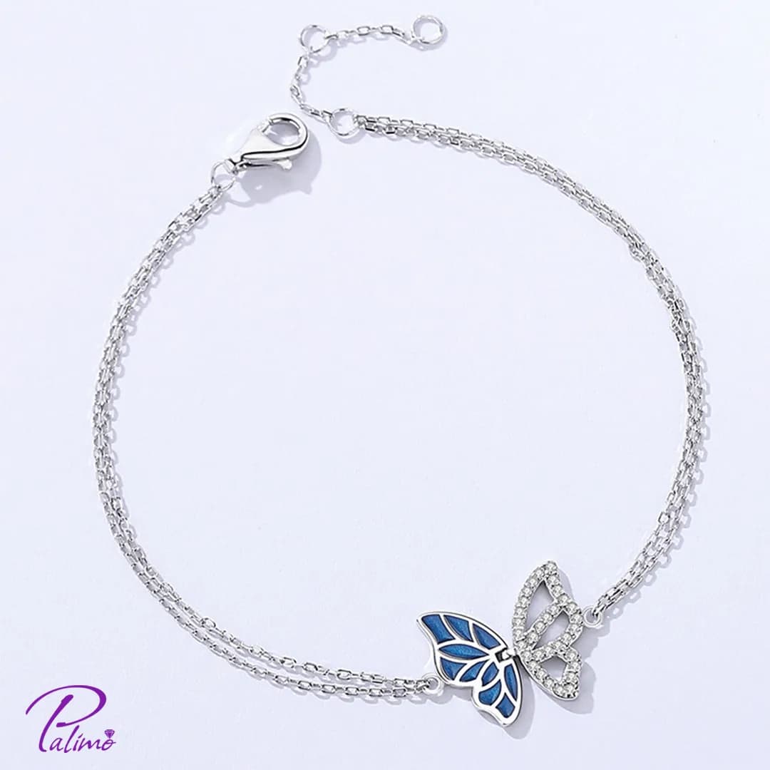دستبند نقره پروانه آبی B2166 با روکش طلای سفید — تصویر ۴