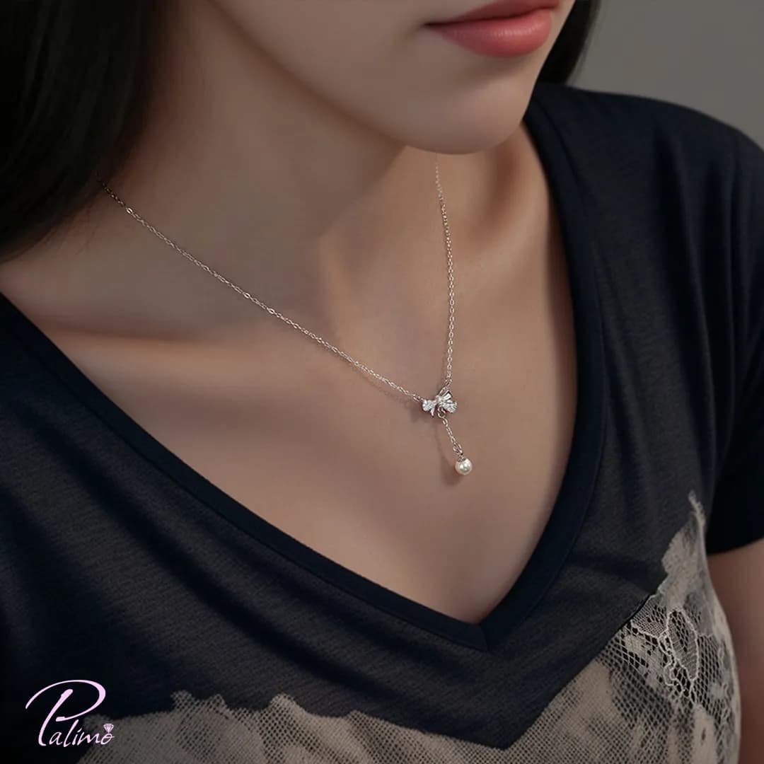 گردنبند نقره پاپیون آویز مروارید N2186 با روکش طلای سفید — تصویر ۲
