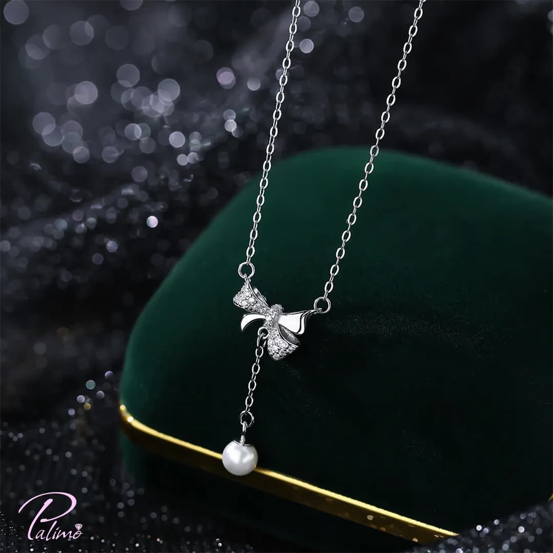 گردنبند نقره پاپیون آویز مروارید N2186 با روکش طلای سفید — تصویر ۳