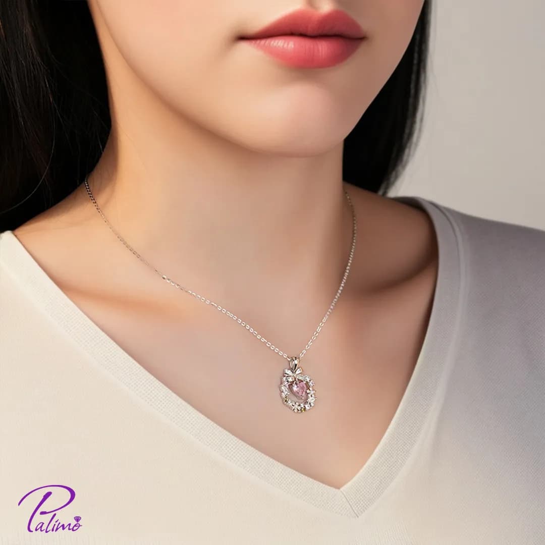 گردنبند نقره قلب صورتی پاپیون N2184 با روکش طلای سفید — تصویر ۲