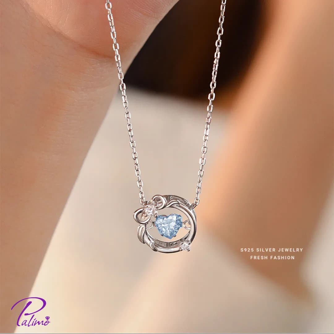 گردنبند نقره قلب آبی پاپیون درخشان N2183 با روکش طلای سفید — تصویر ۴